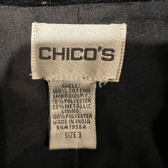 Chicos Jacket Womens Black Velvet  Silver Embroidered 2-Button Blazer Lined 3/XL - Picture 5 of 7